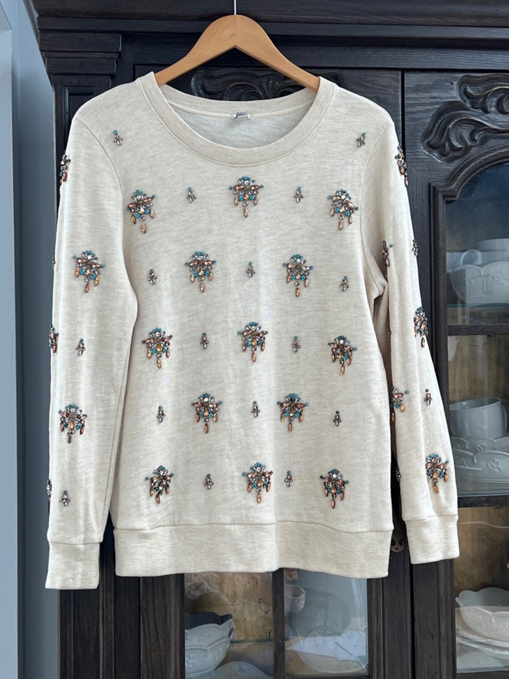 J. Crew Cream Jeweled Crewneck Sweater